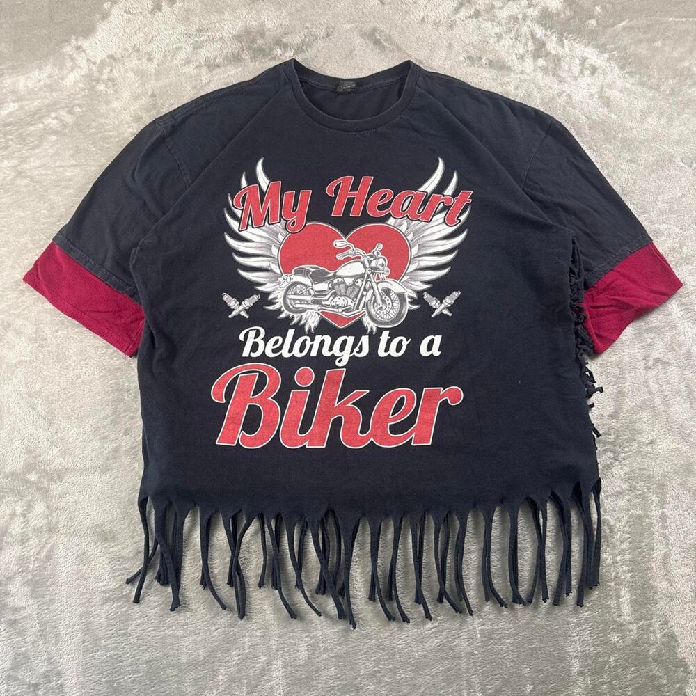 Custom Biker Fringe T-Shirt Women’s 3XL Black Red Motorcycle Graphic Distressed